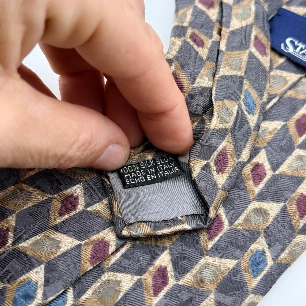 Stafford Mens Silk Tie Geometric Diamond‎ Pattern Grey Gold Made in Italy